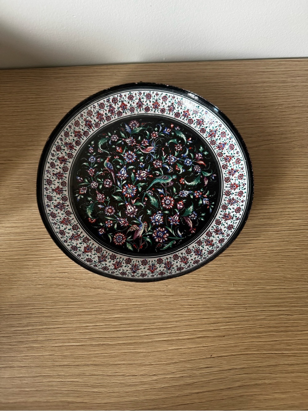 Decorative Hand Painted Floral Metal Plate - Black and White